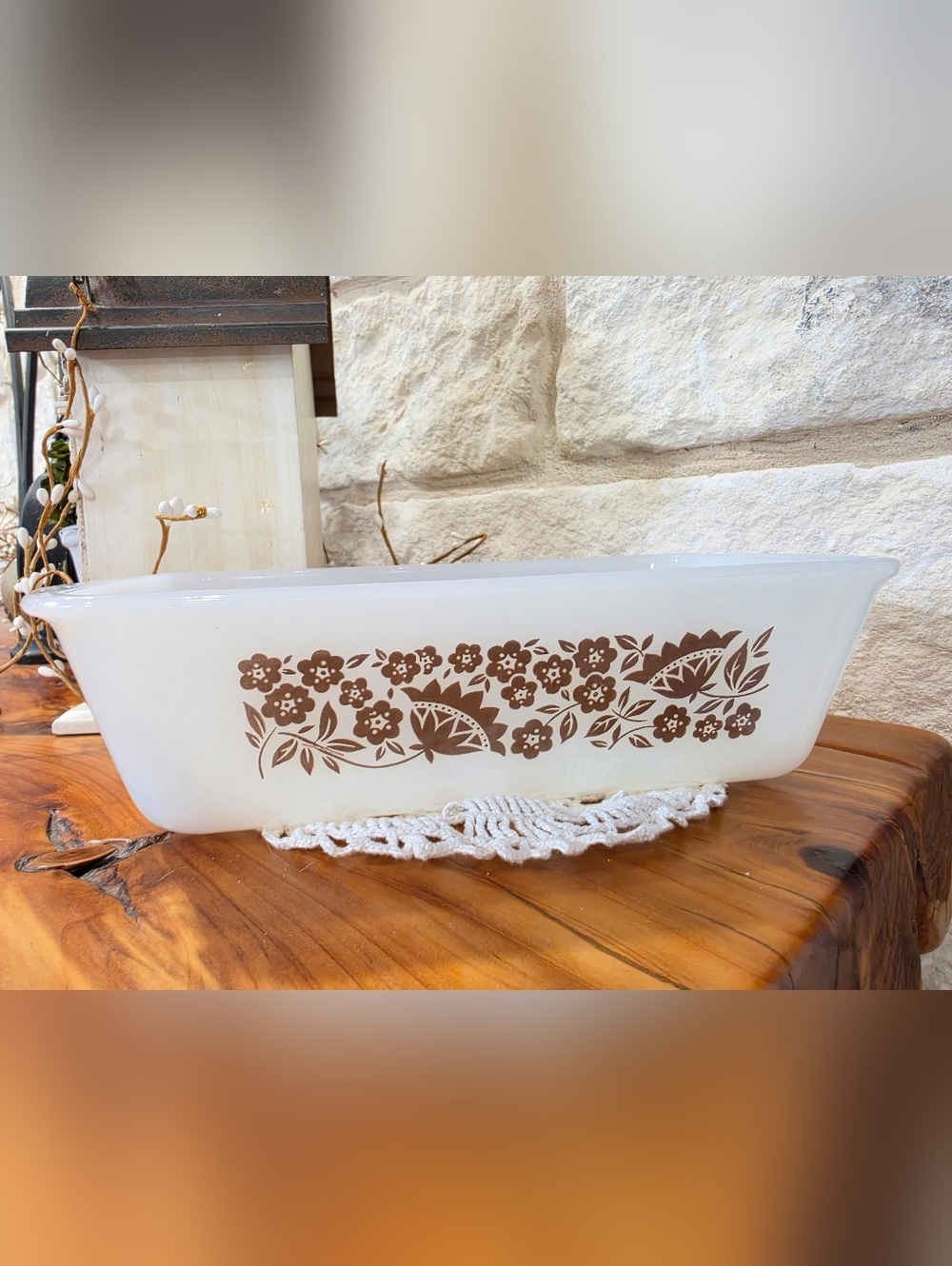 Vintage Glasbake Woodland Brown Floral Vines Loaf Pan 1.5qt - No Chips